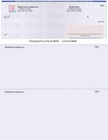 Business check with the check on top and a stub below, the format many small businesses accept and issue
