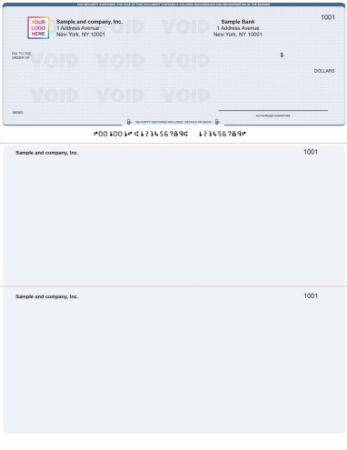 QuickBooks compatible check on top with a printed MICR line for accurate electronic reading