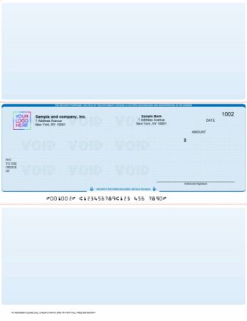 Business check with the check in the middle of the page and a stub above and below