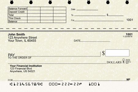 Personal top stub checks with date, payee and amount lines clearly printed