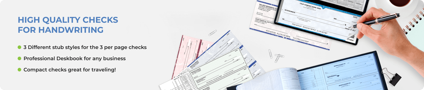 3 Different stub styles for the 3 per page checks, Professional Deskbook for any business, Compact checks great for traveling! 